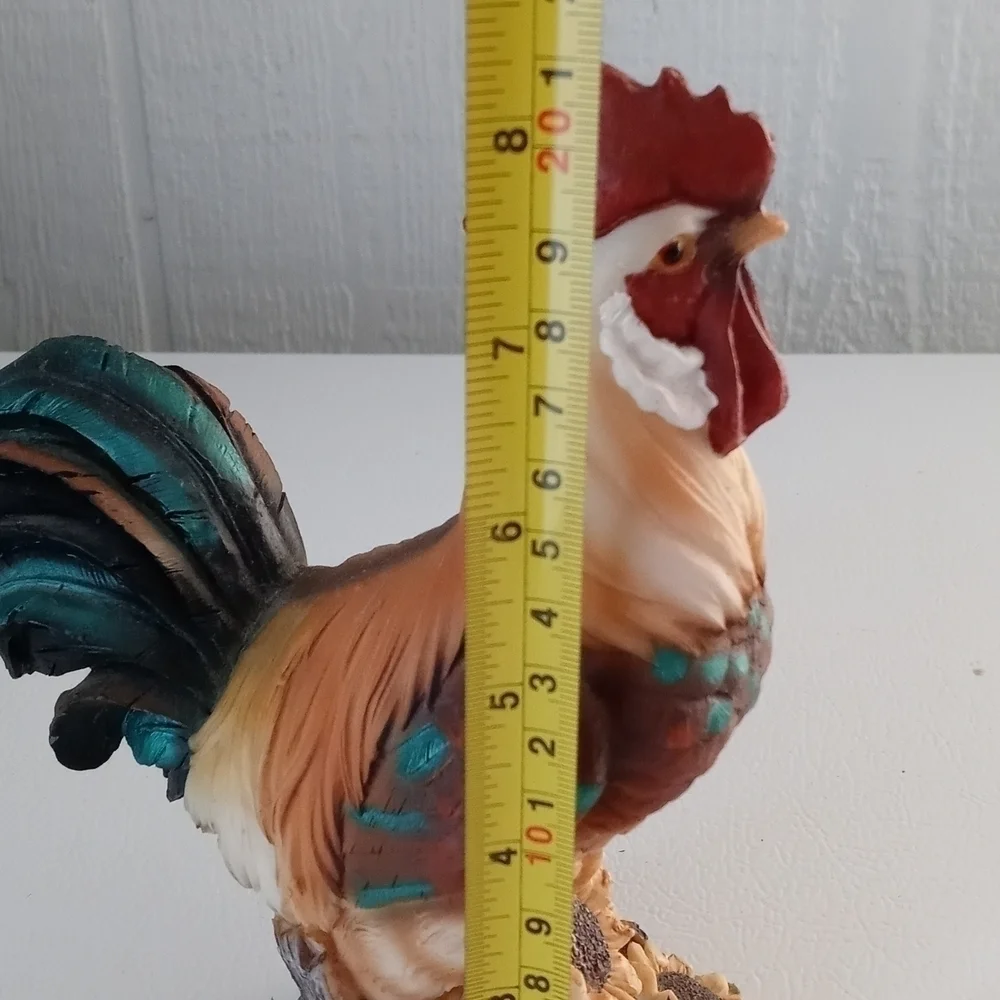 Farm decor rooster with sunflowers and a beautiful blue tail